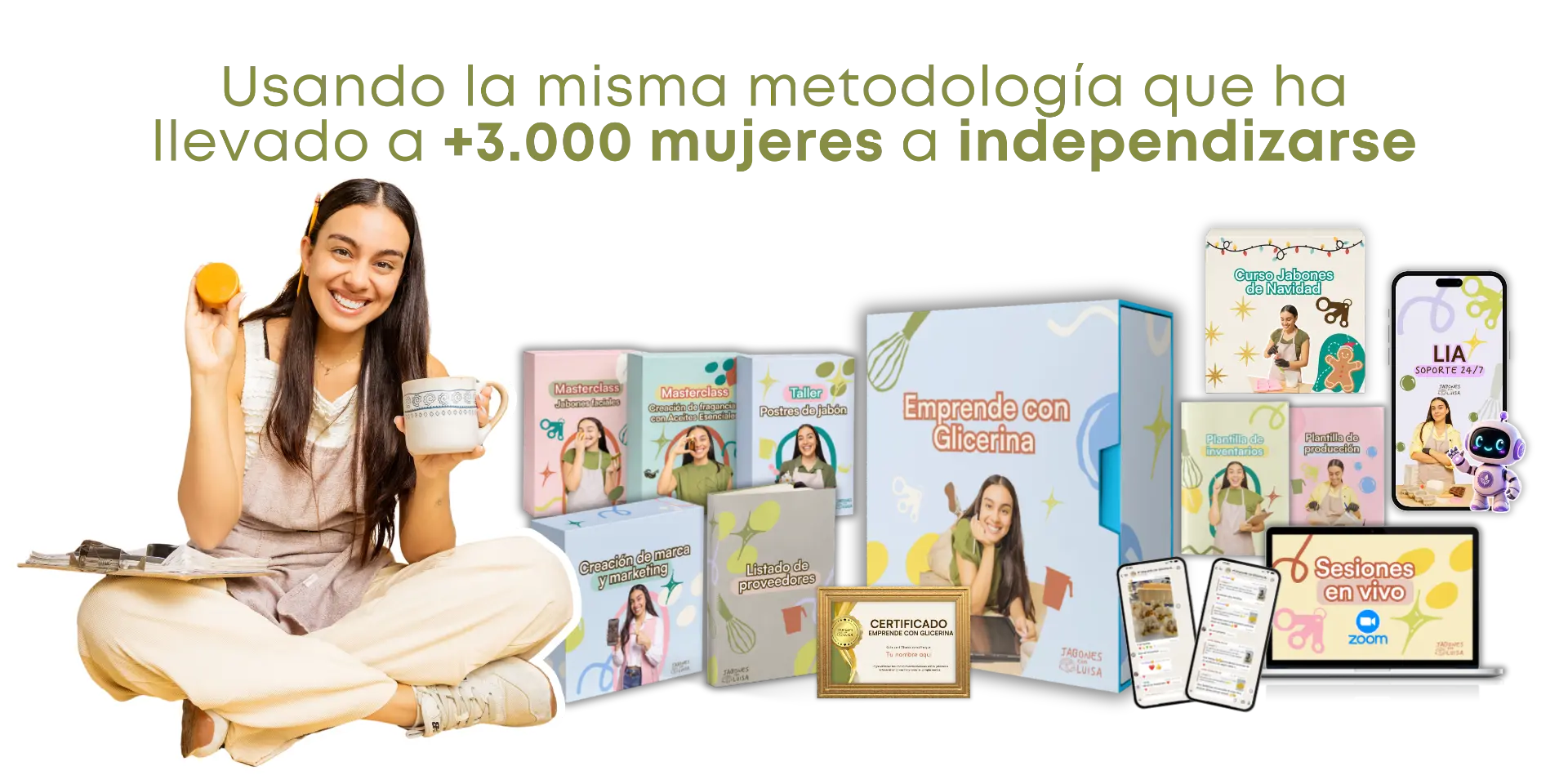 Emprende con Glicerina: Luisa junto a la plantilla de Creación de Marca y su video, con los cursos y bonos incluidos